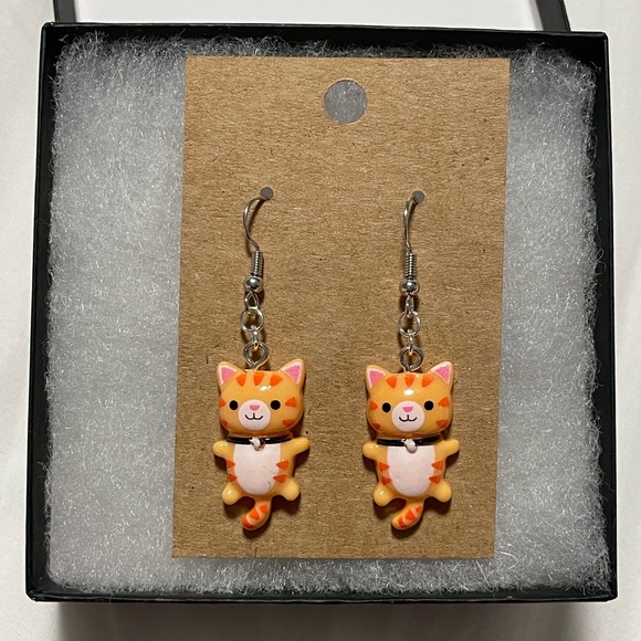 Acrylic Orange Tabby Cat Earrings with Silver Accents - Picture 3 of 4